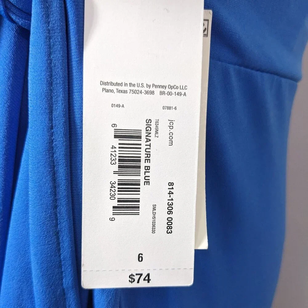 $74 NWT Liz Claiborne Blue Tie Belt Faux Wrap Dress Short Sleeve Size 6